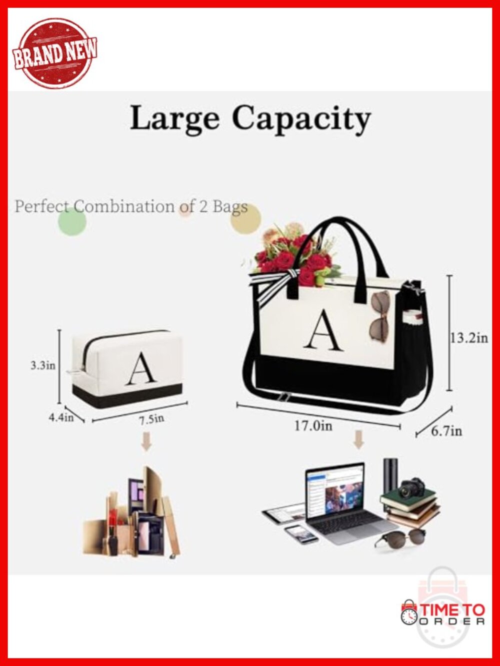 Canvas Tote Bag with Embroidered Initial & 2 Makeup Bags, Large Capacity, - Picture 2 of 6